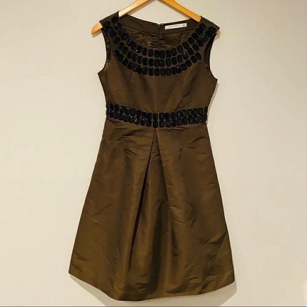 Zara Brown Beaded Embellished Cocktail Party Dress